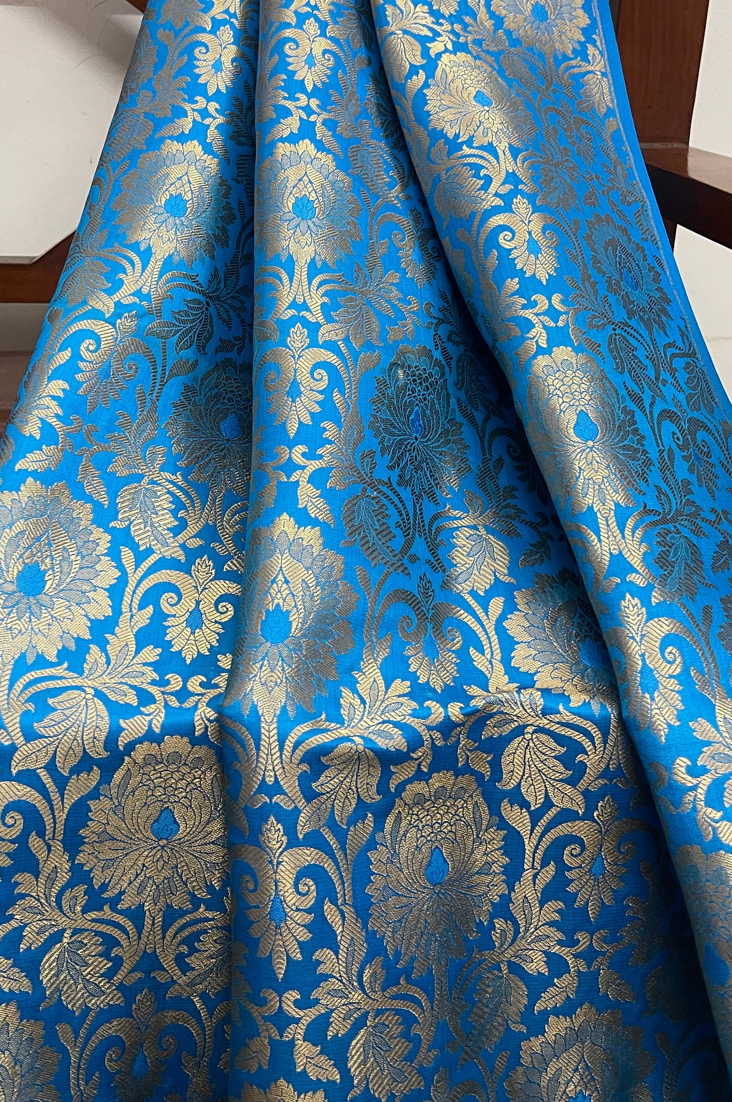 India Banarasi Brocade Fabric in Blue and Gold color, Multiple lengths will come in the continuous piece - NF508