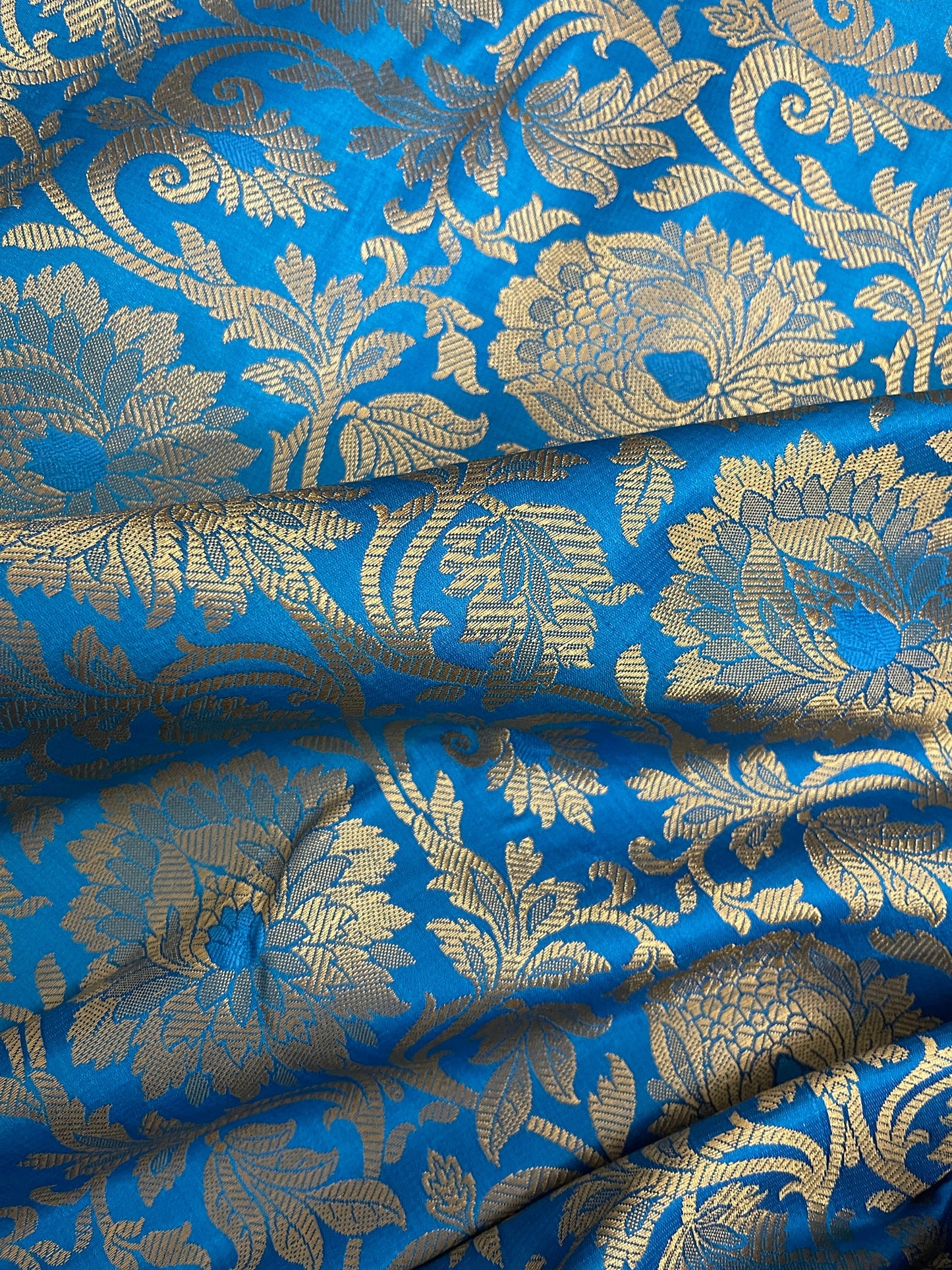 India Banarasi Brocade Fabric in Blue and Gold color, Multiple lengths will come in the continuous piece - NF508