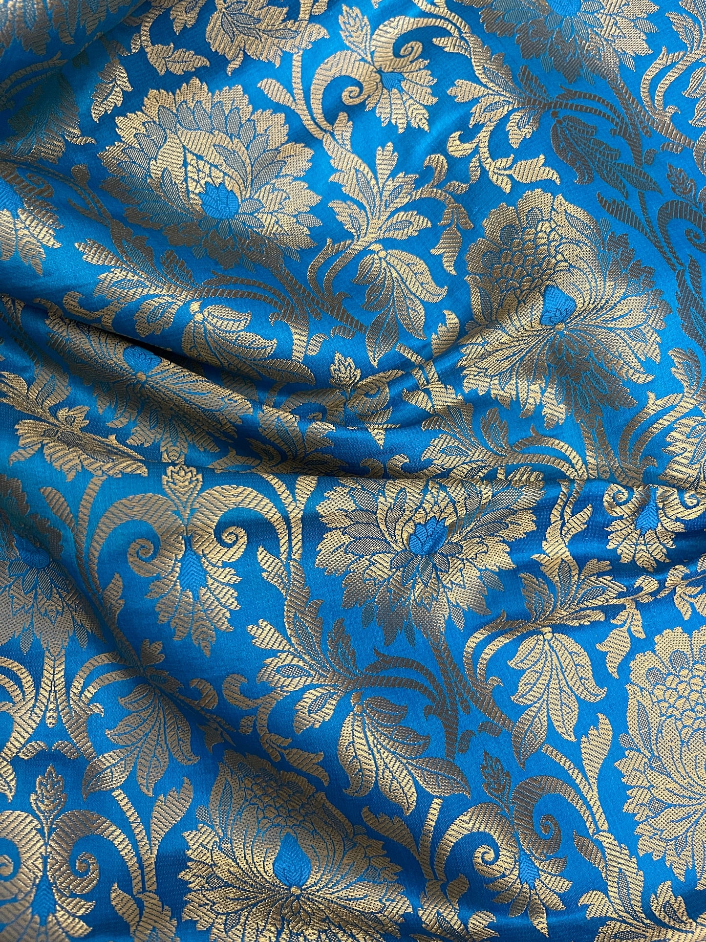 India Banarasi Brocade Fabric in Blue and Gold color, Multiple lengths will come in the continuous piece - NF508