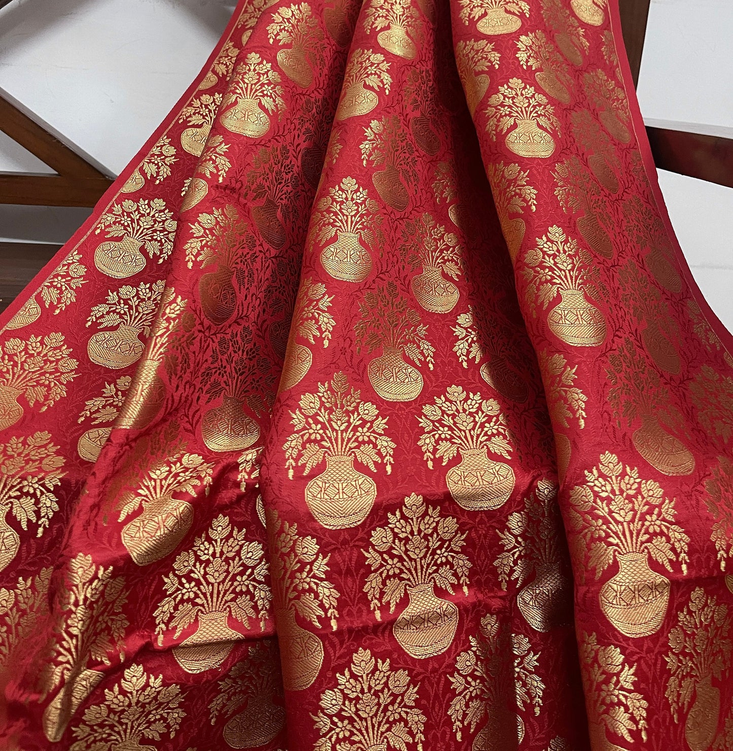 Indian Banarasi Brocade fabric in Red and Gold color, Multiple lengths will come in the continuous piece - NF336