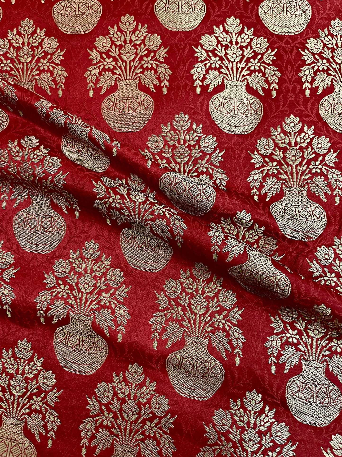 Indian Banarasi Brocade fabric in Red and Gold color, Multiple lengths will come in the continuous piece - NF336