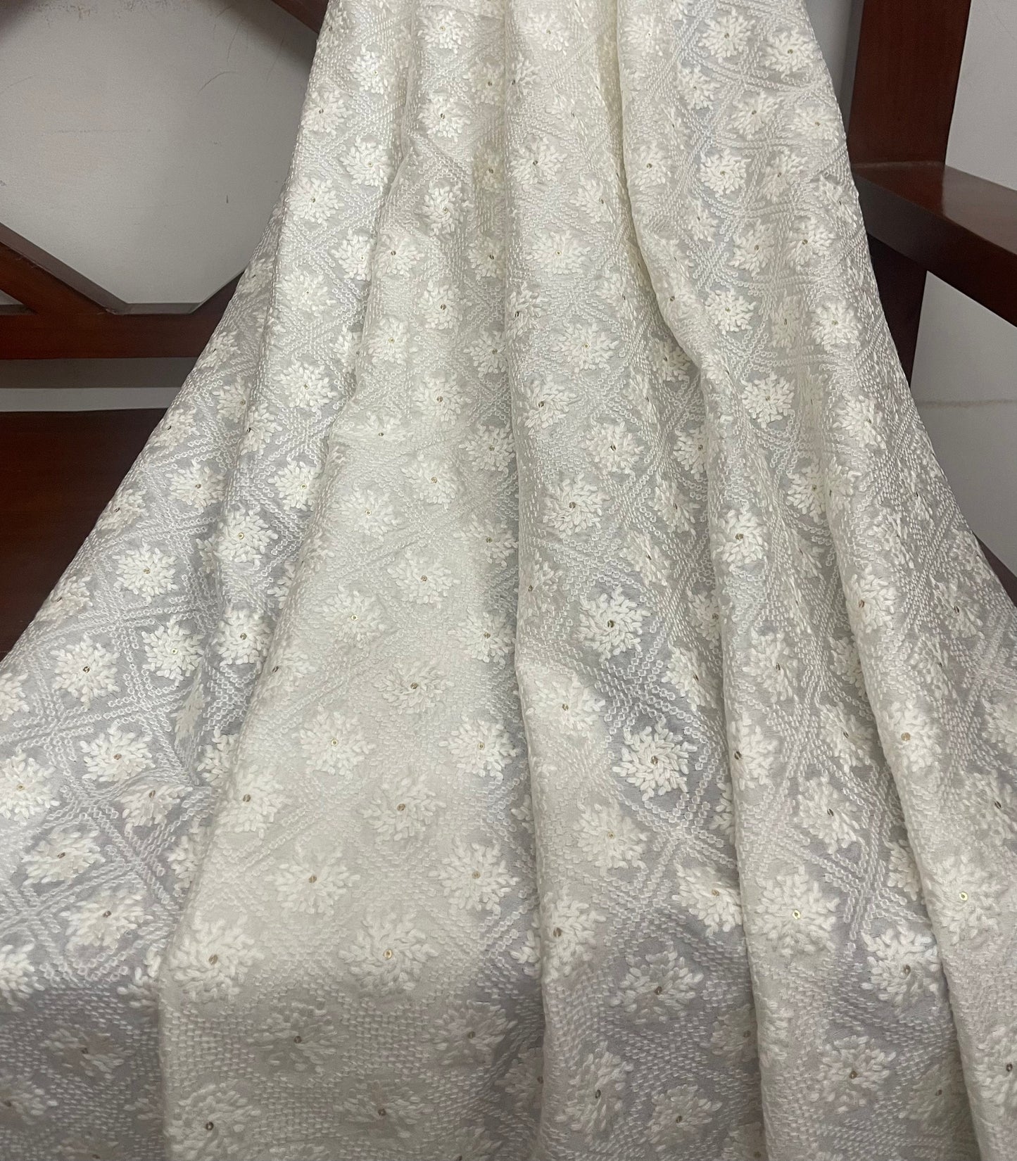 Indian Embroidered Fabric in Off White color, Multiple lengths will come in the continuous piece - NF475