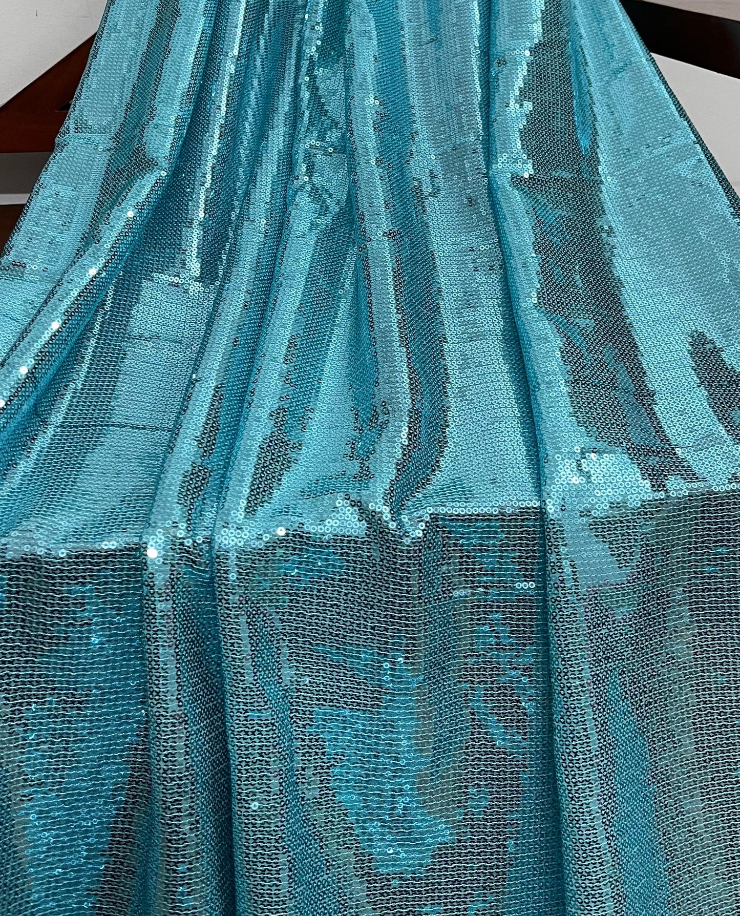 Embroidered Sequin Georgette Fabric in Aqua blue color, Multiple lengths will come in the continuous piece - SQAF04