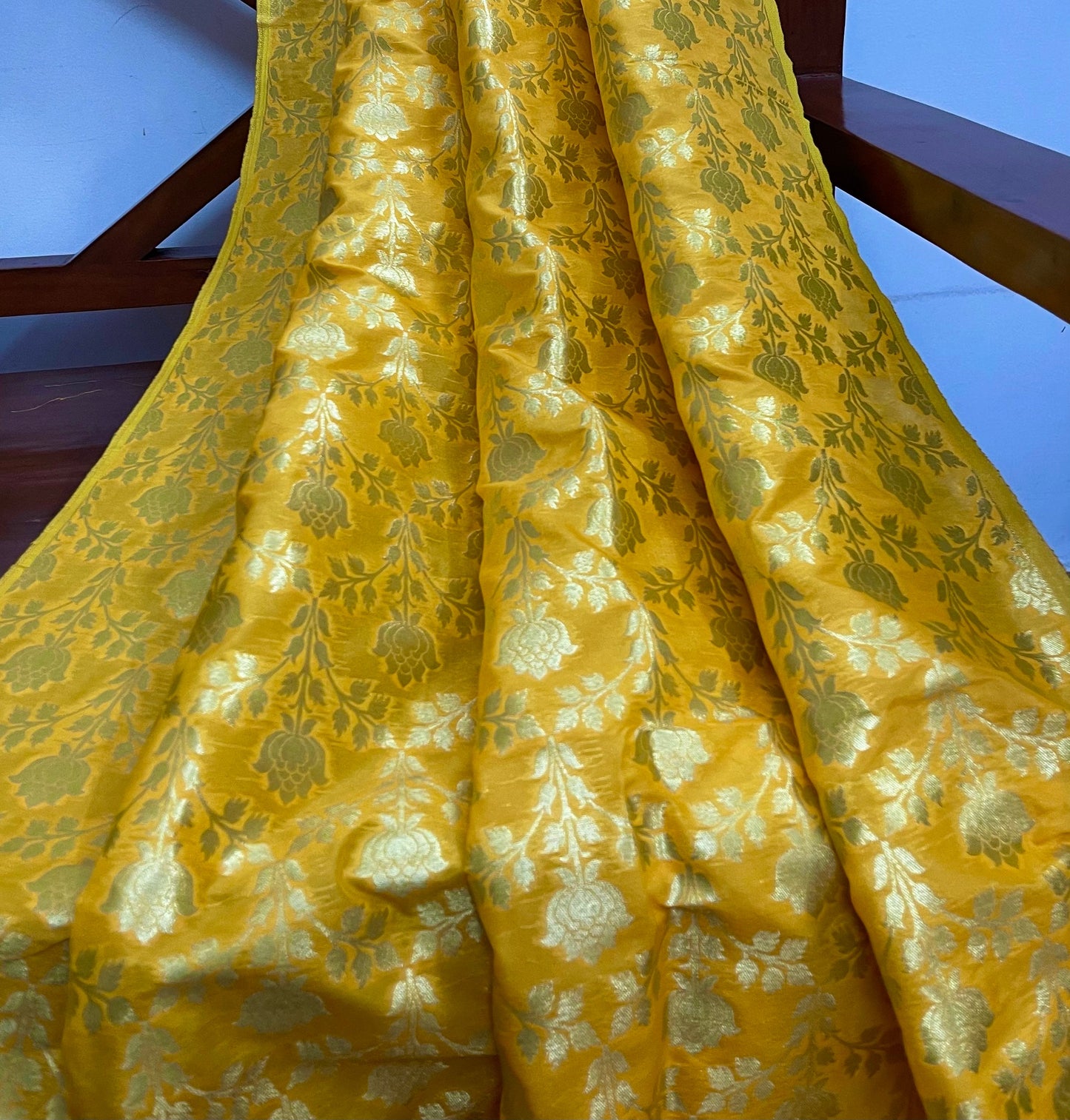 Indian Banarasi Brocade Fabric in yellow and light gold Color, Multiple lengths will come in the continuous piece - NF466