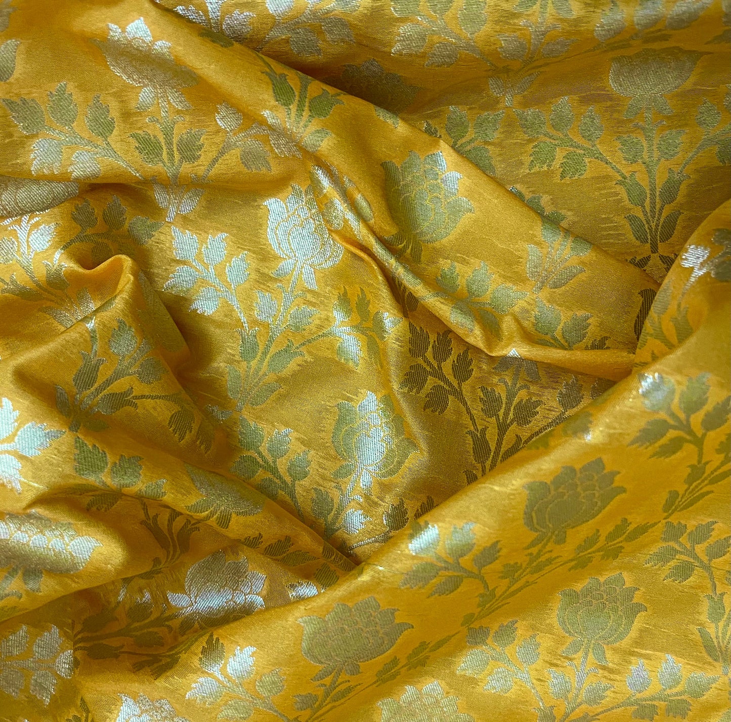 Indian Banarasi Brocade Fabric in yellow and light gold Color, Multiple lengths will come in the continuous piece - NF466