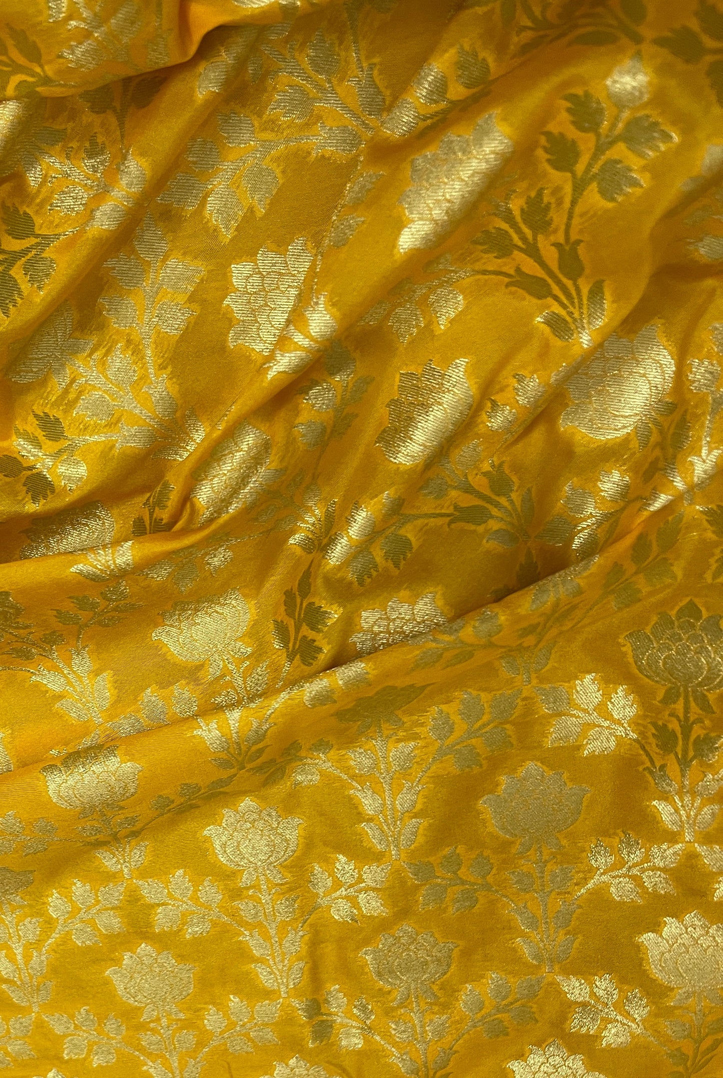 Indian Banarasi Brocade Fabric in yellow and light gold Color, Multiple lengths will come in the continuous piece - NF466