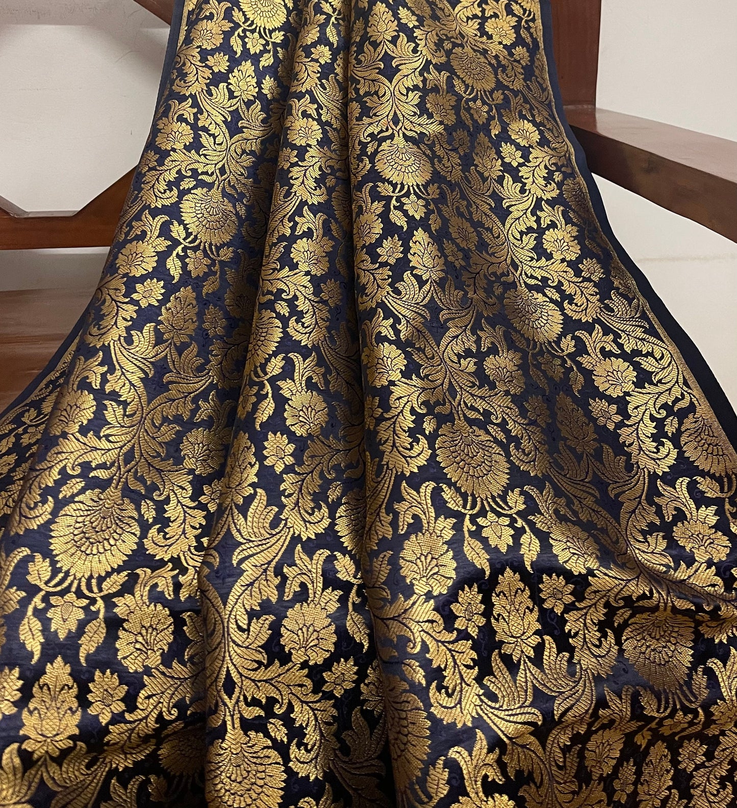 Indian Banarasi Brocade Fabric in Navy Blue and Gold color, Multiple Length will come in a continuous piece - NF443