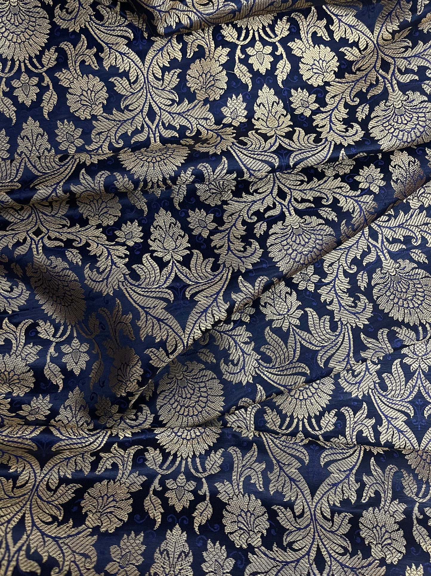 India Banarasi Brocade Fabric in Navy Blue and Gold color, Multiple lengths will come in the continuous piece - NF534