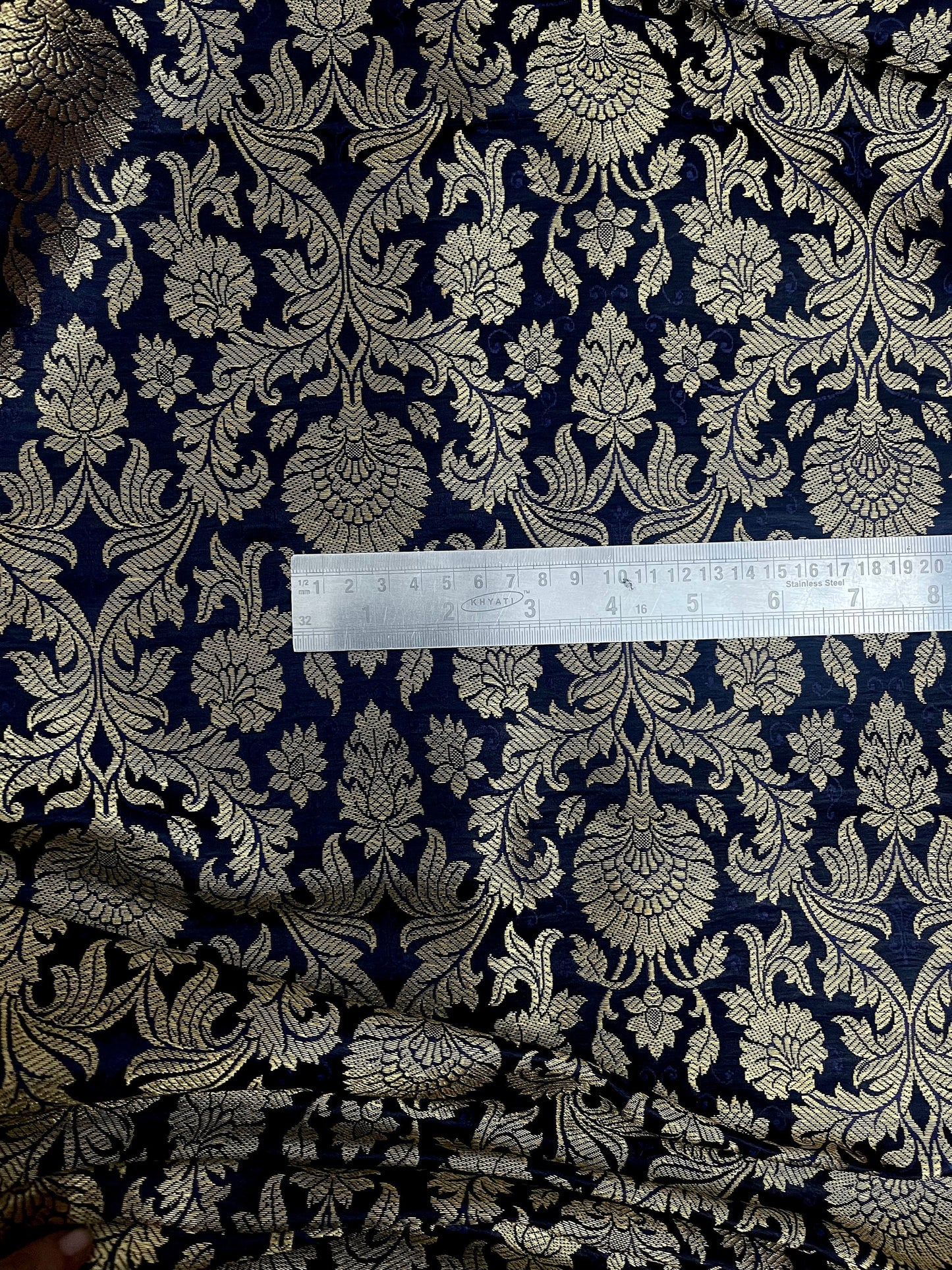 India Banarasi Brocade Fabric in Navy Blue and Gold color, Multiple lengths will come in the continuous piece - NF534