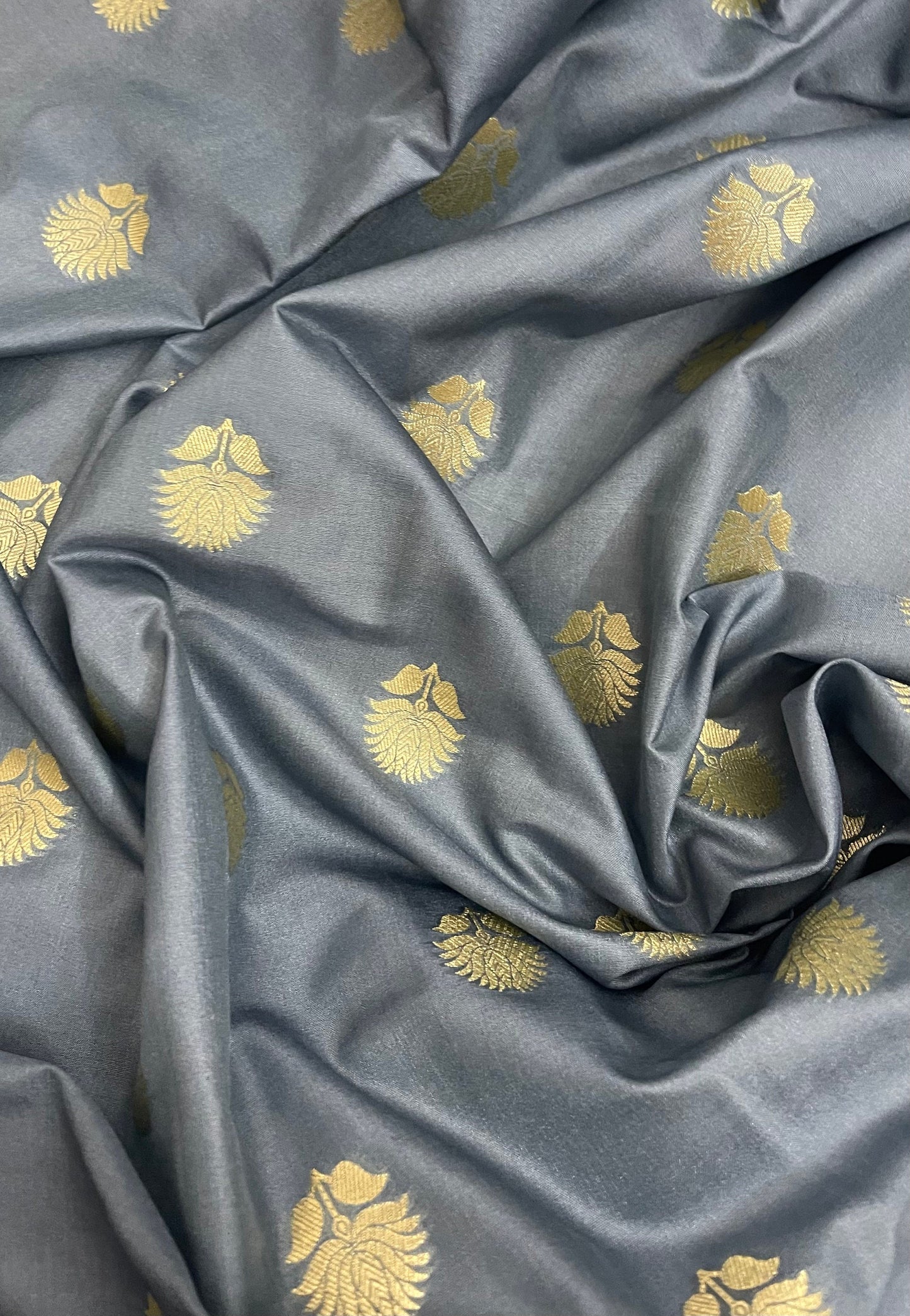 Indian Banarasi Brocade fabric in Gray & Gold color,  Multiple lengths will come in the continuous piece  - NF439