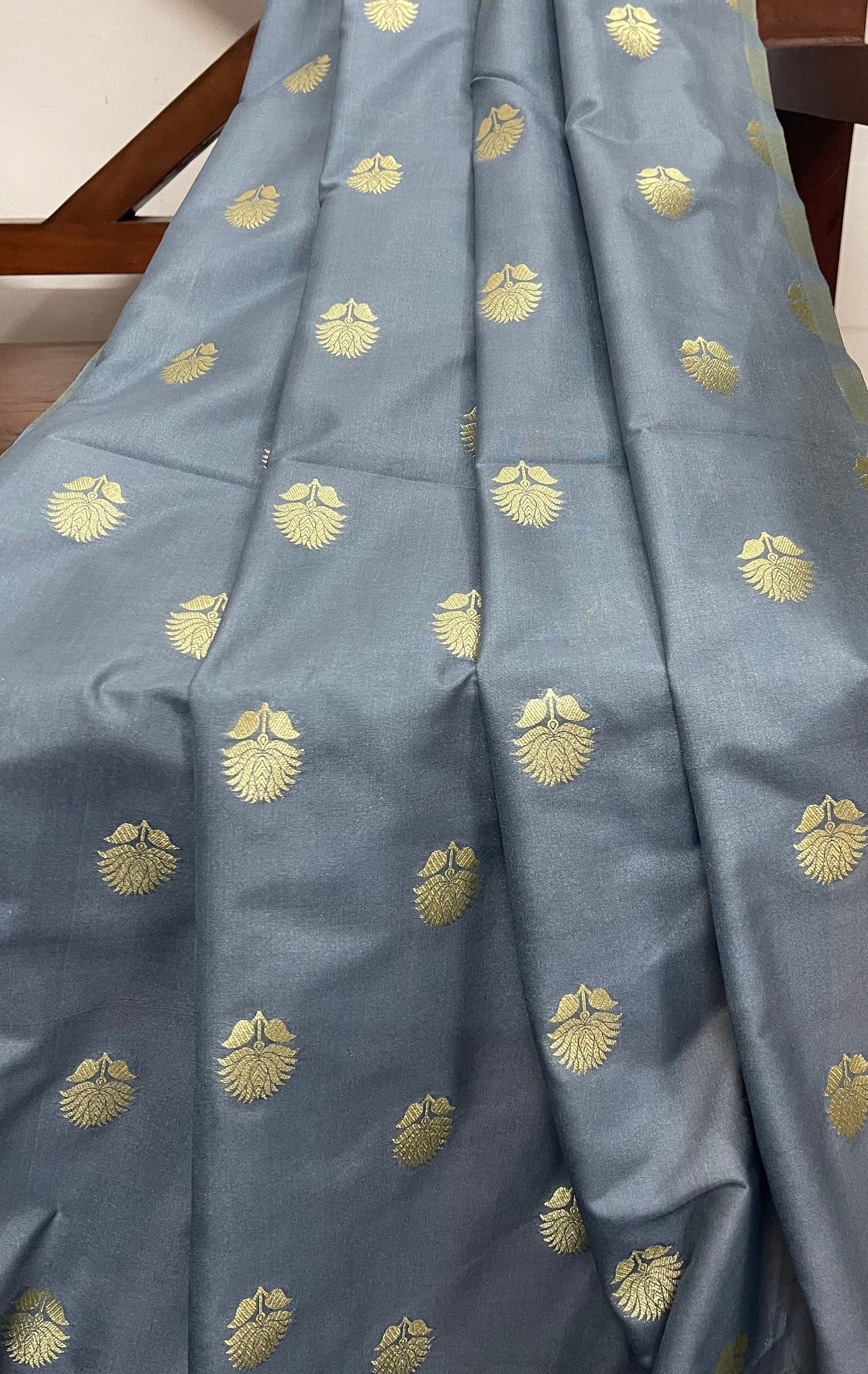 Indian Banarasi Brocade fabric in Gray & Gold color,  Multiple lengths will come in the continuous piece  - NF439