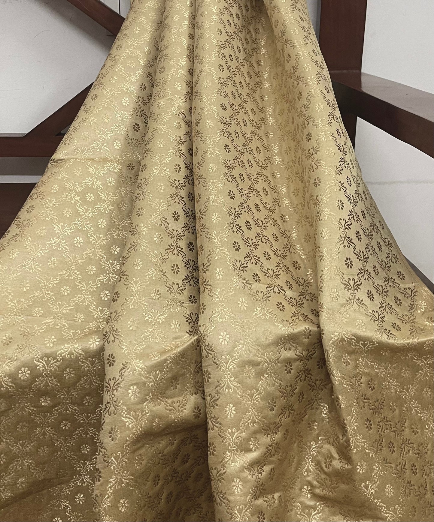 Indian Brocade fabric in Beige and Gold Color, Multiple lengths will come in the continuous piece - NF451