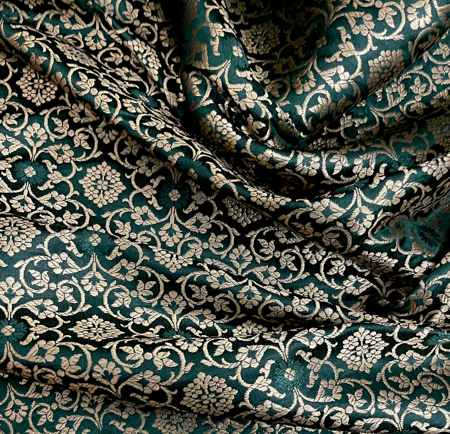 Indian Banarasi Brocade Fabric in Green and Gold color, Multiple lengths will come in a continuous piece - NF324