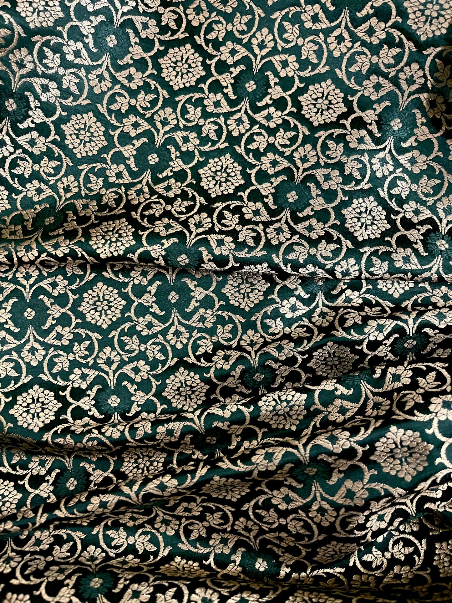 Indian Banarasi Brocade Fabric in Green and Gold color, Multiple lengths will come in a continuous piece - NF324