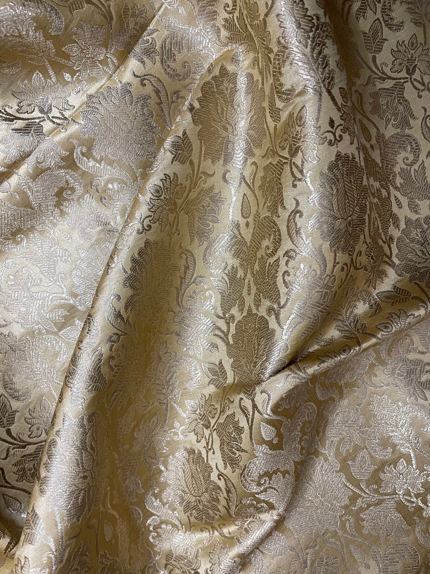 Indian Banarasi Brocade fabric in Beige and Gold color, Multiple lengths will come in the continuous piece - NF527