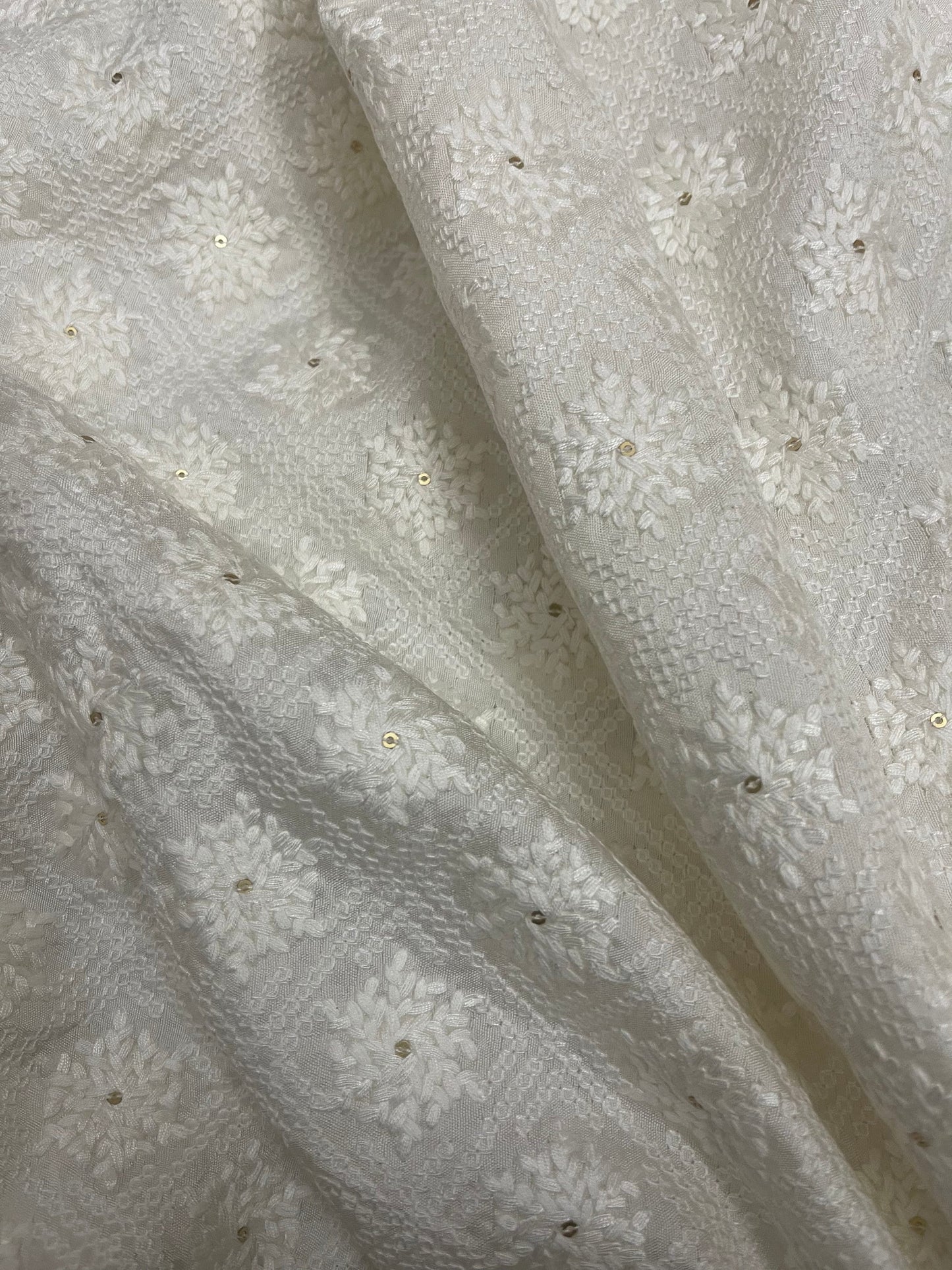 Indian Embroidered Fabric in Off White color, Multiple lengths will come in the continuous piece - NF475