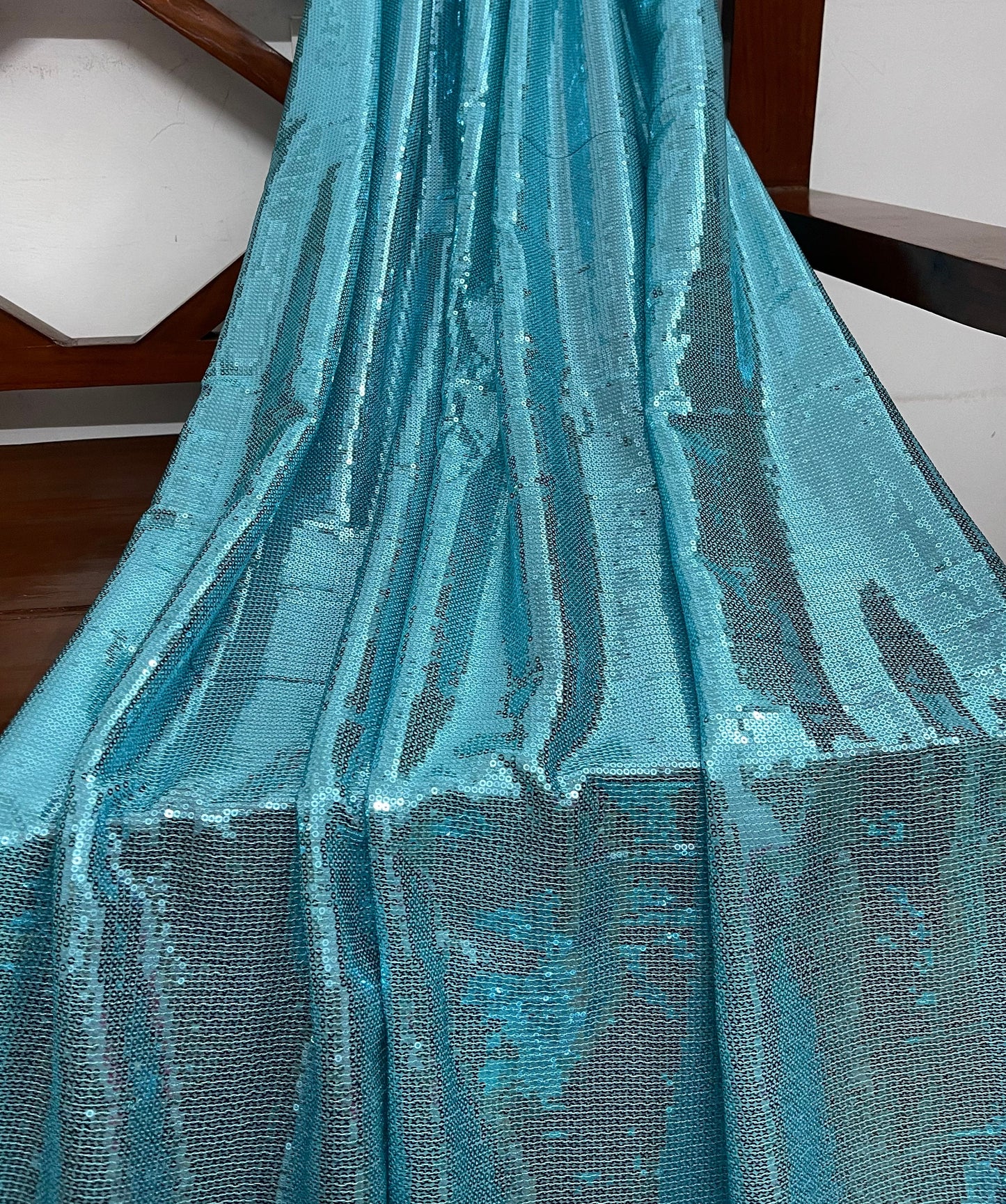 Embroidered Sequin Georgette Fabric in Aqua blue color, Multiple lengths will come in the continuous piece - SQAF04