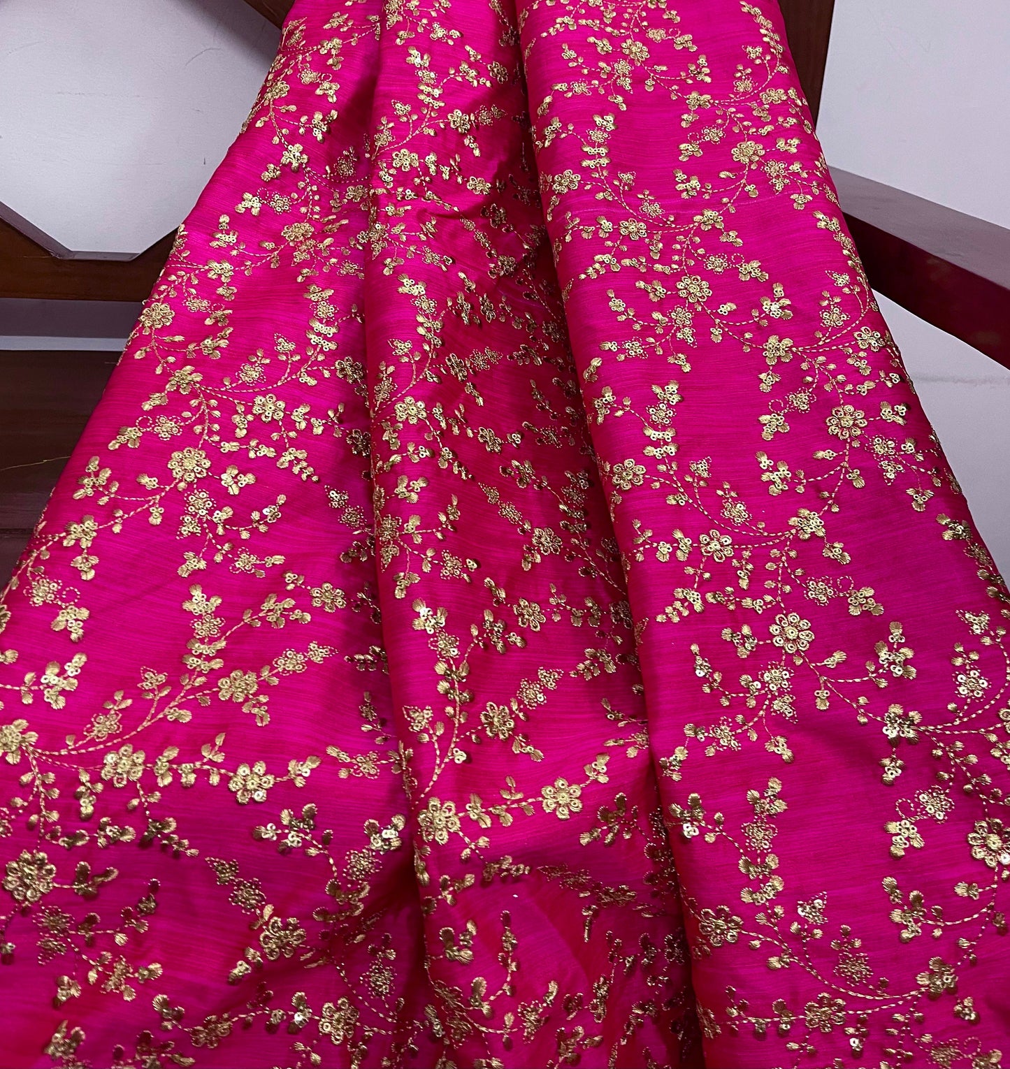 Indian Embroidered Fabric in Pink and Gold Color, Multiple lengths will come in the continuous piece - NF474