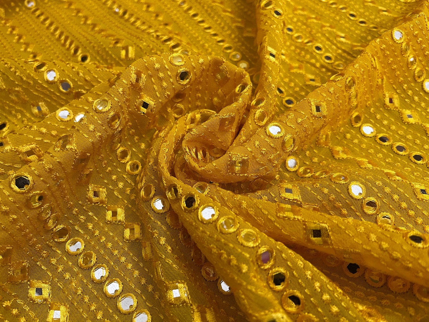 Embroidered Georgette Foil Mirror fabric in Yellow Color, Multiple lengths will come in the continuous Piece - NF578