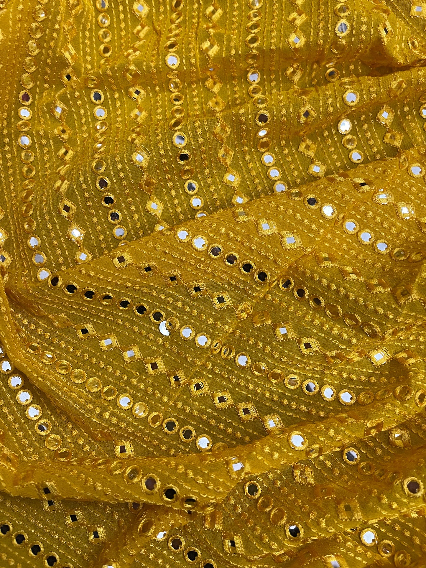 Embroidered Georgette Foil Mirror fabric in Yellow Color, Multiple lengths will come in the continuous Piece - NF578