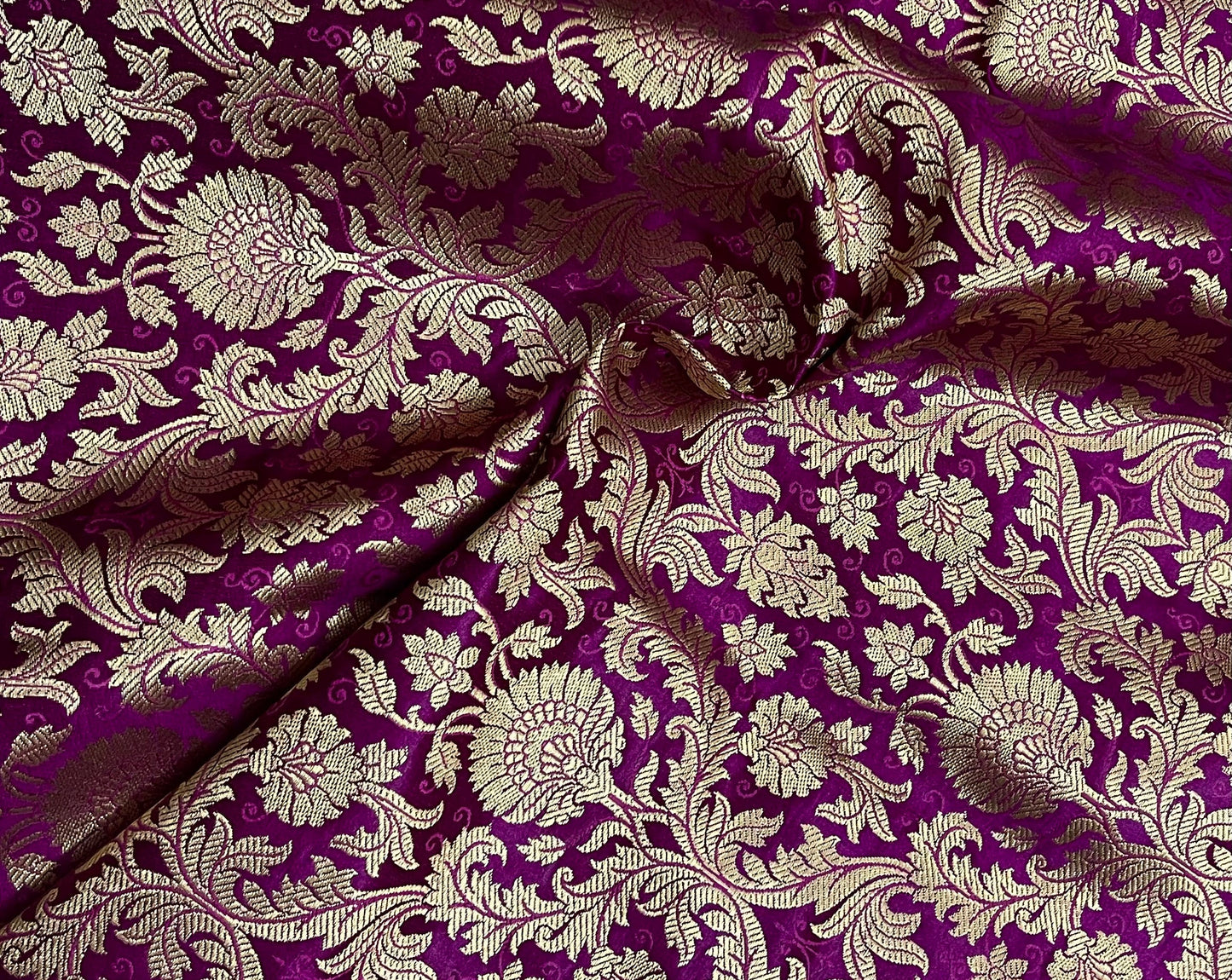 Indian Banarasi Brocade Fabric in Purple and Gold color, Multiple lengths will come in the continuous Piece - NF574