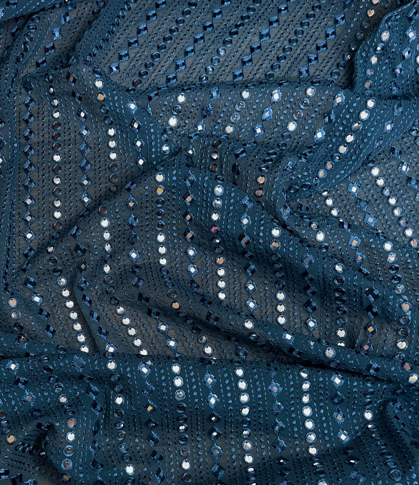 Embroidered Foil Mirror Georgette Fabric in Blue Color, Multiple lengths will come in the continuous piece - NF495