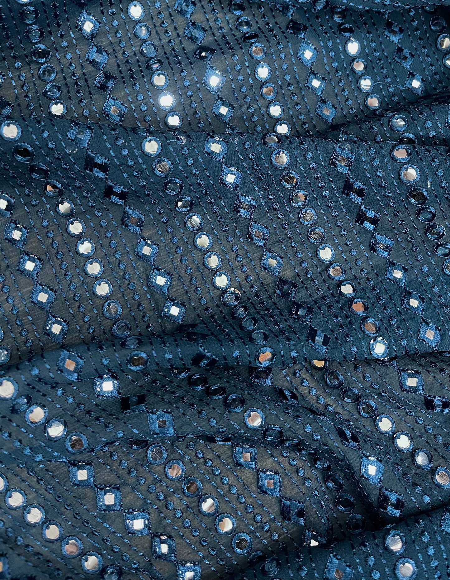 Embroidered Foil Mirror Georgette Fabric in Blue Color, Multiple lengths will come in the continuous piece - NF495