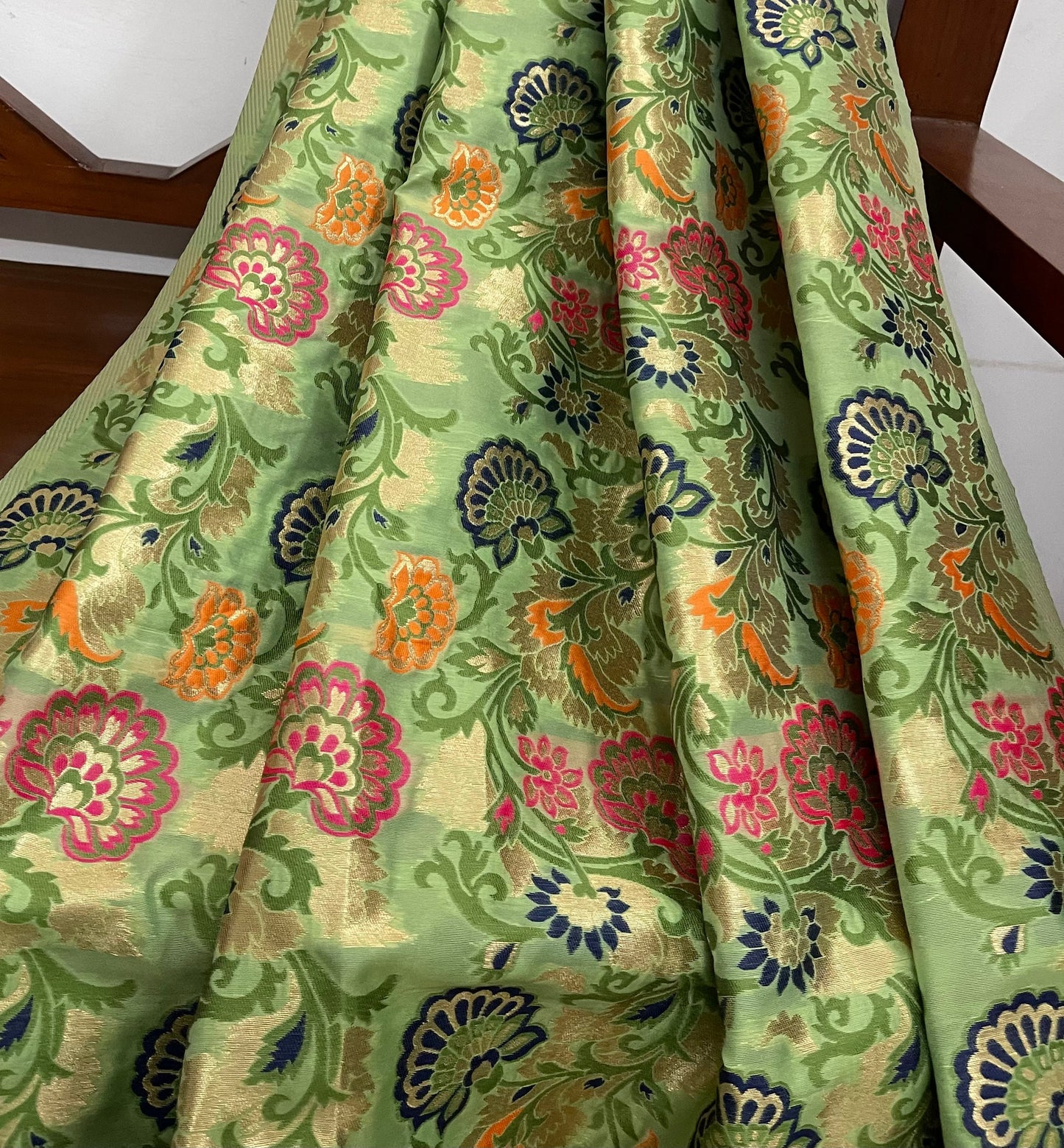 India Banarasi Brocade Fabric in Green and Gold color, Multiple lengths will come in the continuous piece - NF564