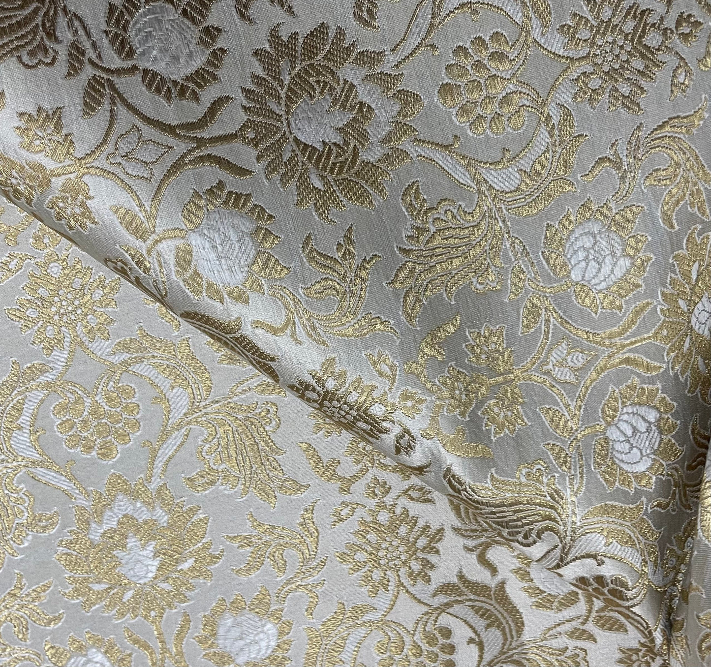 Indian Banarasi Brocade Fabric in White And Gold color, Multiple lengths will come in the continuous piece - NF567