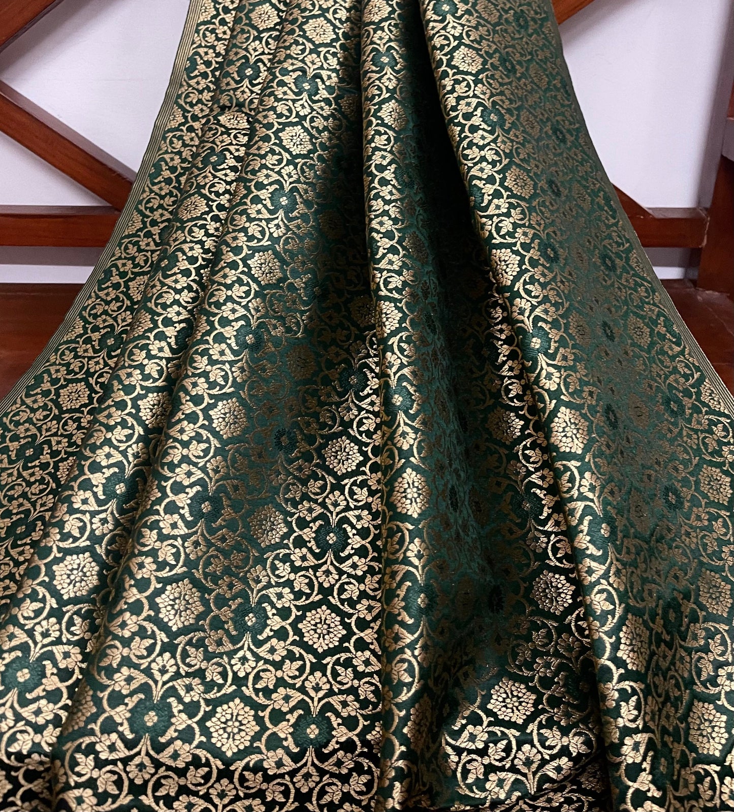 Indian Banarasi Brocade Fabric in Green and Gold color, Multiple lengths will come in a continuous piece - NF324