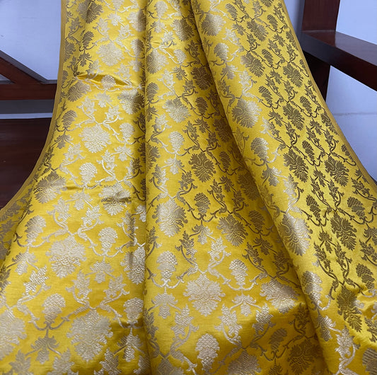 Indian Banarasi Brocade fabric in Yellow and Gold color,  Multiple lengths will come in a continuous piece - NF522