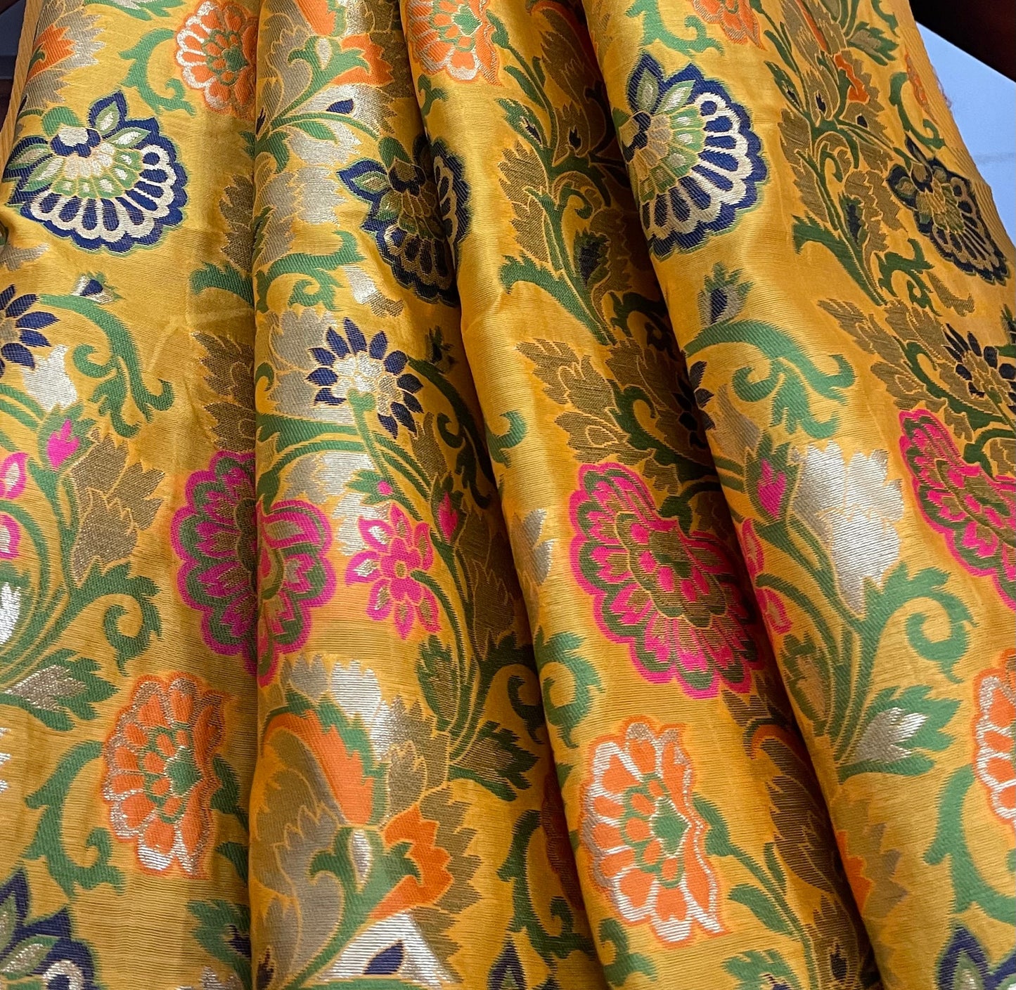 Indian Banarasi Brocade Fabric in Yellow and Green color, Multiple Length will come in a continuous piece - NF562