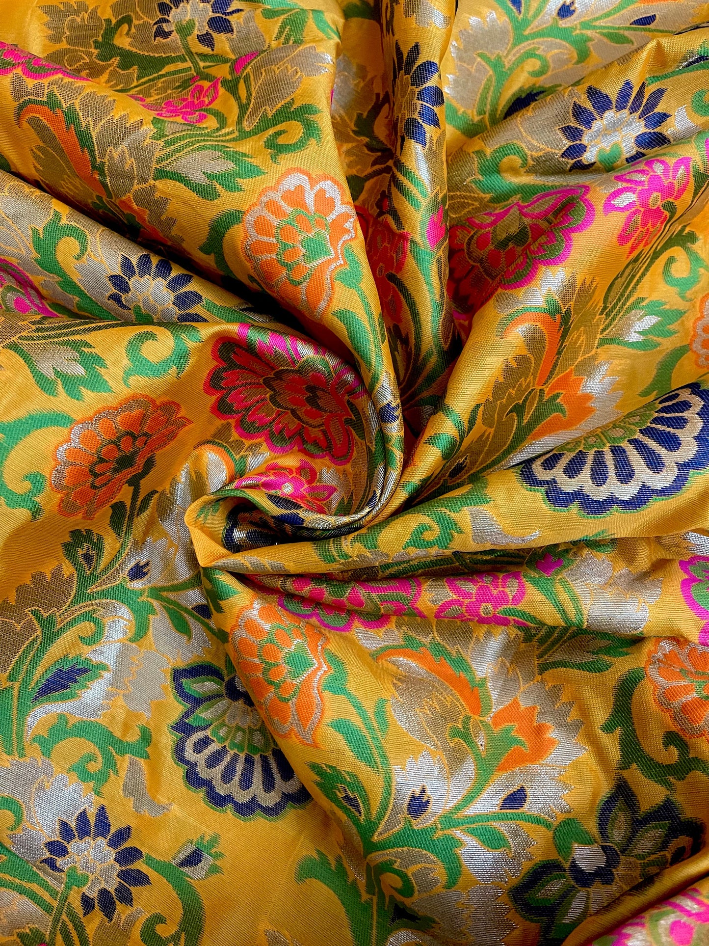 Indian Banarasi Brocade Fabric in Yellow and Green color, Multiple Length will come in a continuous piece - NF562