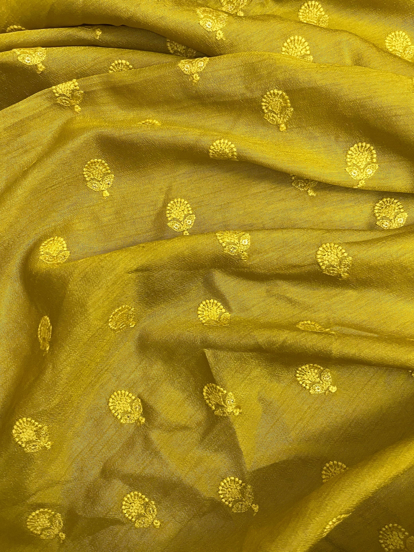 Indian Embroidered Viscose Silk Fabric in Yellow color, Multiple lengths will come in the continuous piece - NF503