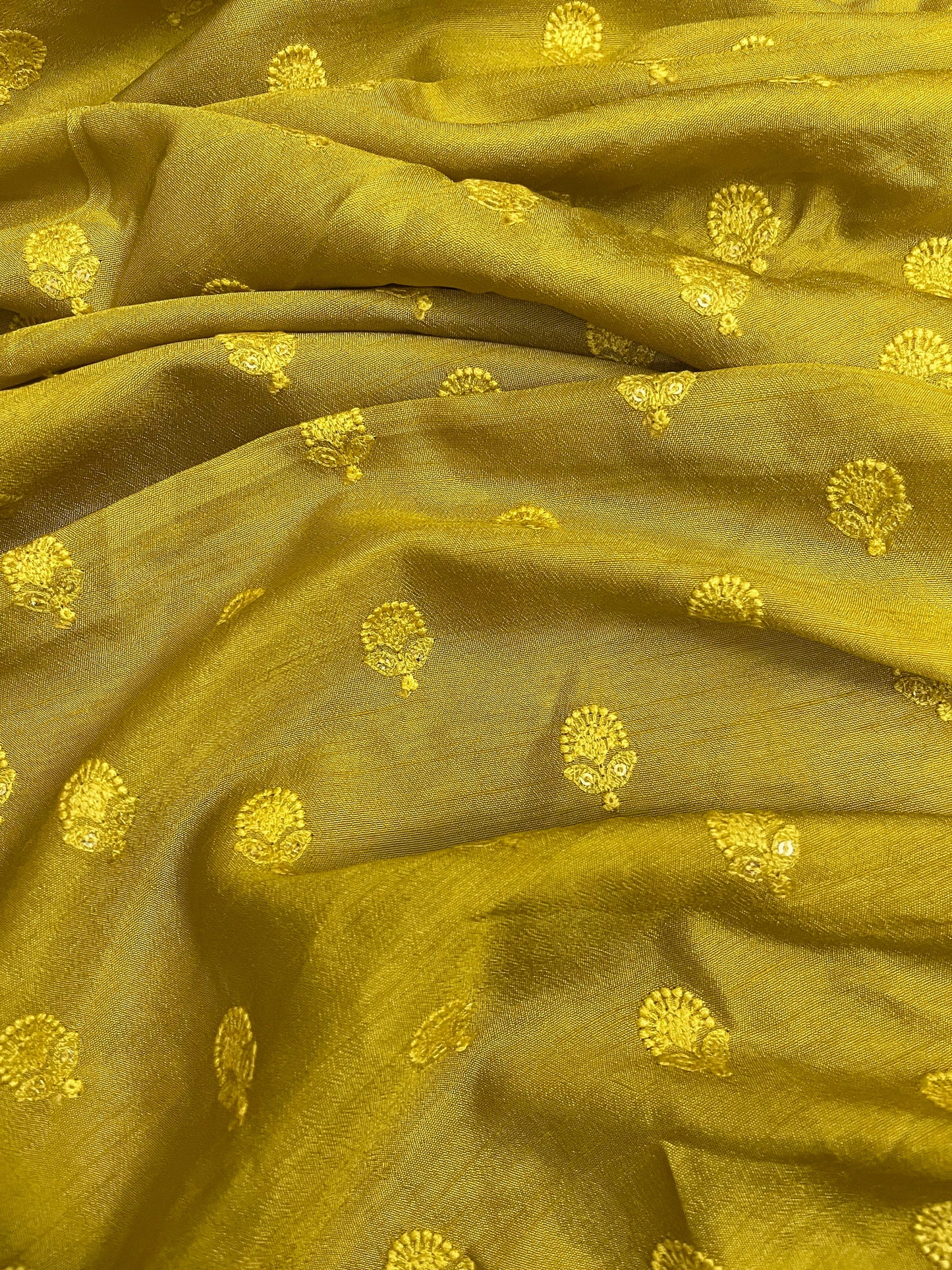 Indian Embroidered Viscose Silk Fabric in Yellow color, Multiple lengths will come in the continuous piece - NF503