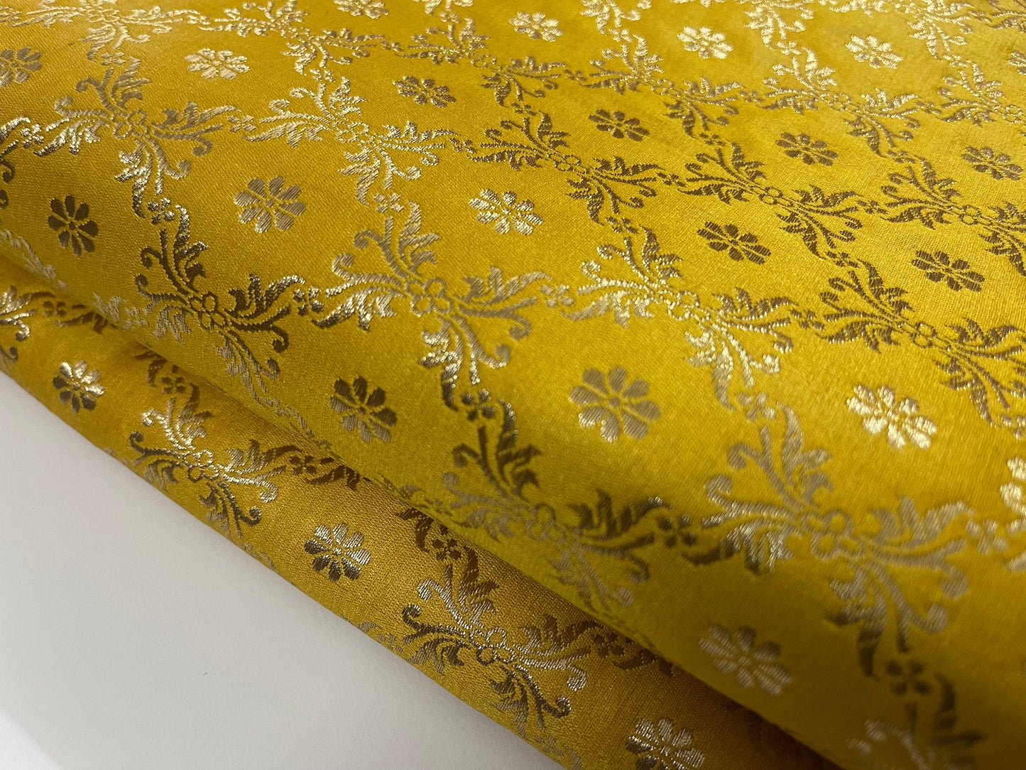 Indian Banarasi Brocade Fabric in Yellow and Gold  color, Multiple lengths will come in the continuous piece - NF314