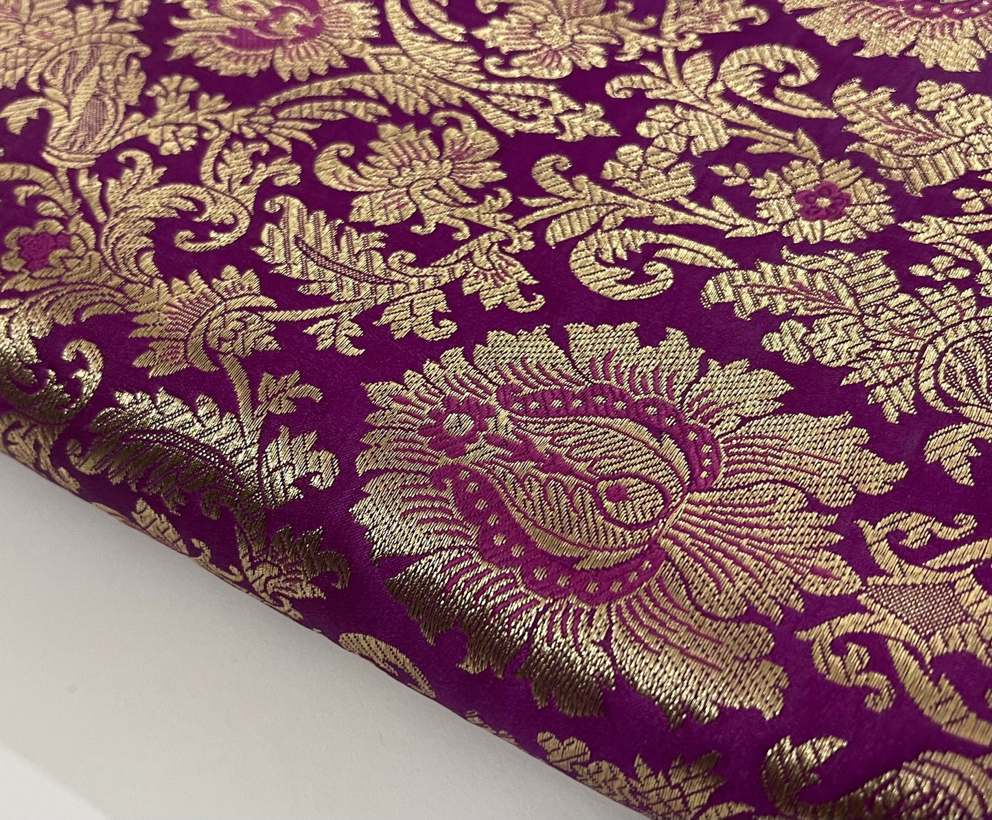 Indian Banarasi Brocade Fabric in Purple and Gold color, Multiple lengths will come in a continuous piece - NF122