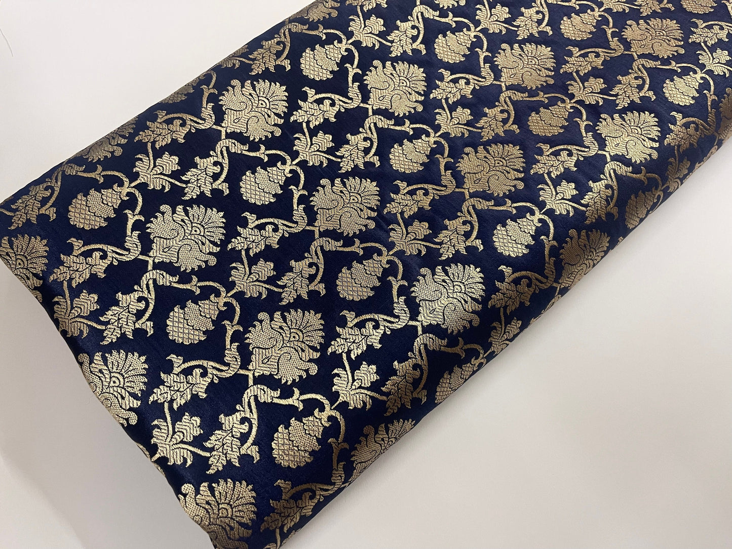 Indian Banarasi Brocade Fabric in Navy Blue and Gold color, Multiple lengths will come in the Continuous piece - NF115