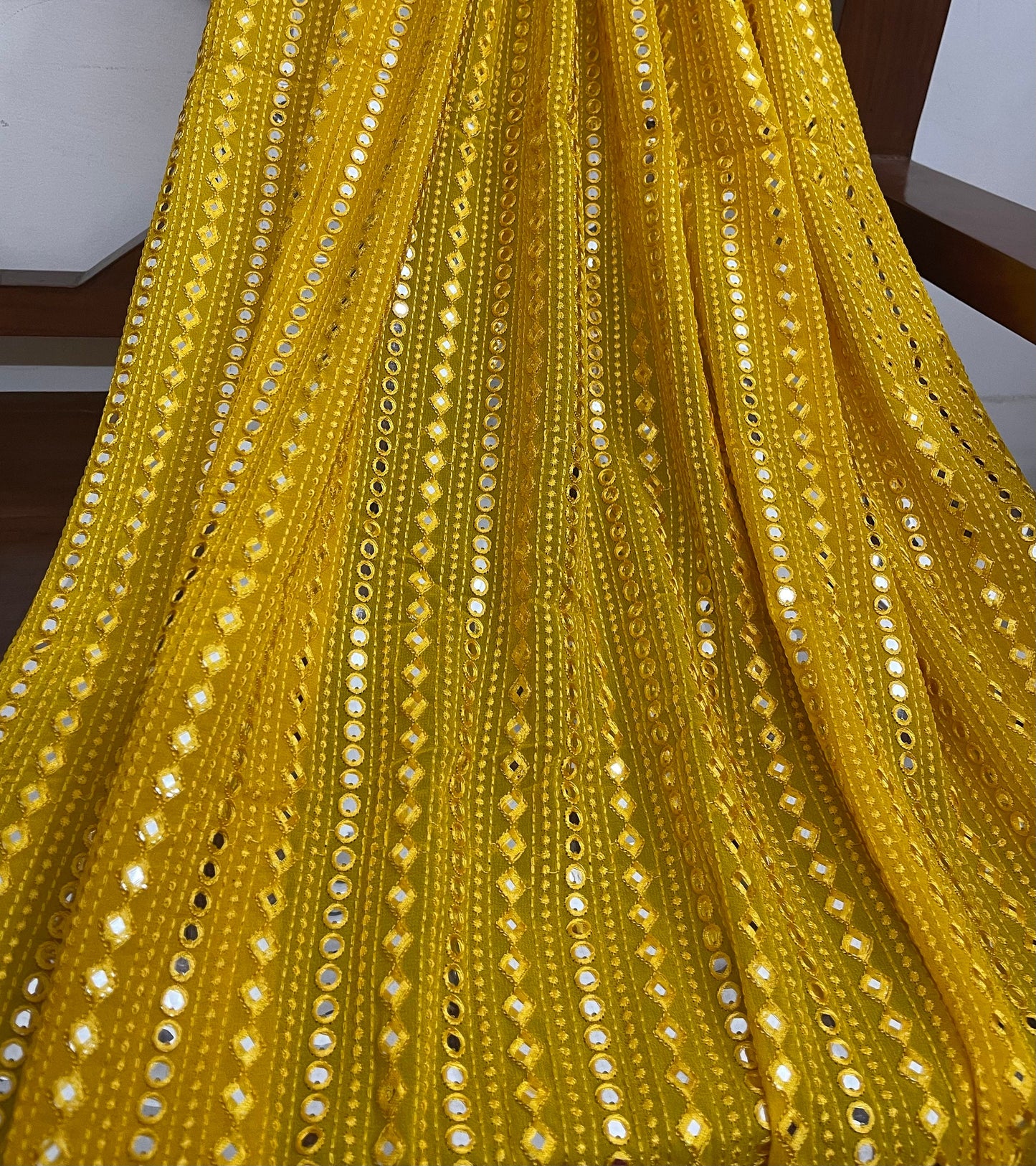 Embroidered Georgette Foil Mirror fabric in Yellow Color, Multiple lengths will come in the continuous Piece - NF578