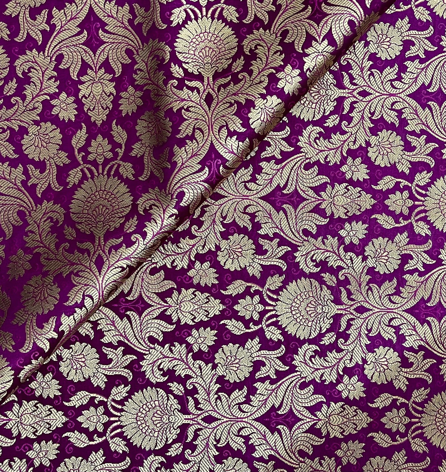 Indian Banarasi Brocade Fabric in Purple and Gold color, Multiple lengths will come in the continuous Piece - NF574