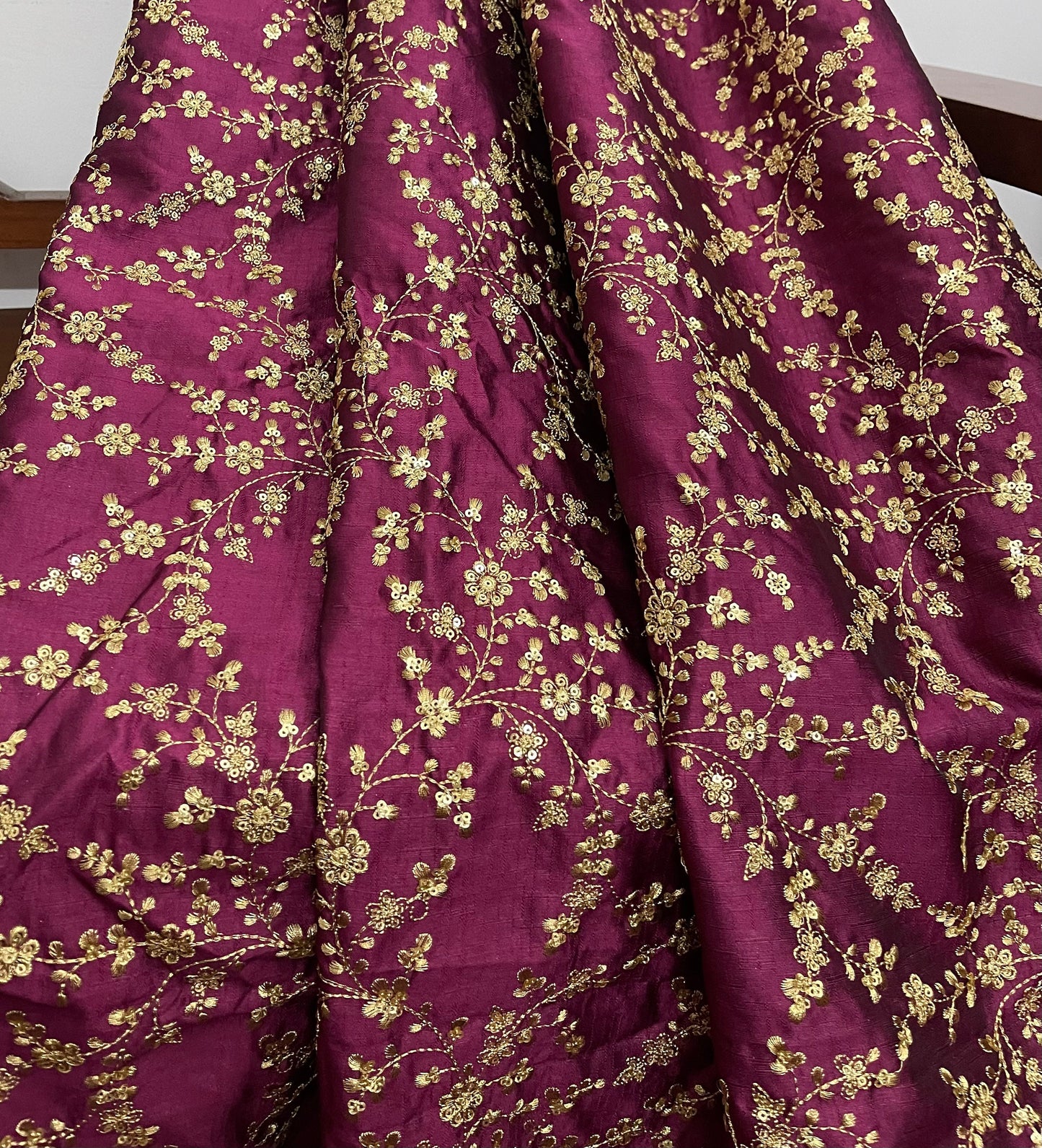 Indian Embroidered Fabric in Wine & Gold color, Multiple lengths will come in the continuous piece - NF471.