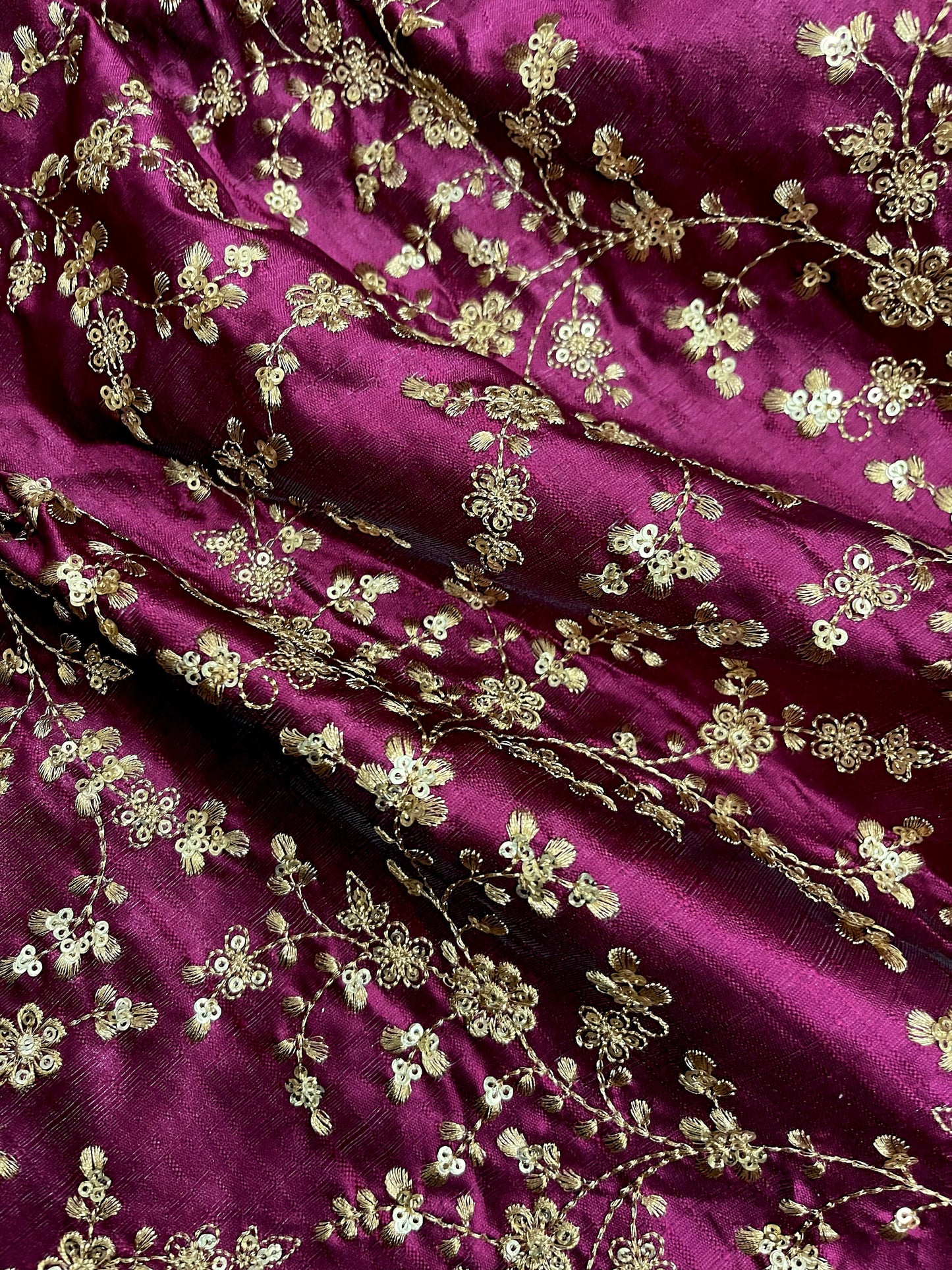 Indian Embroidered Fabric in Wine & Gold color, Multiple lengths will come in the continuous piece - NF471.