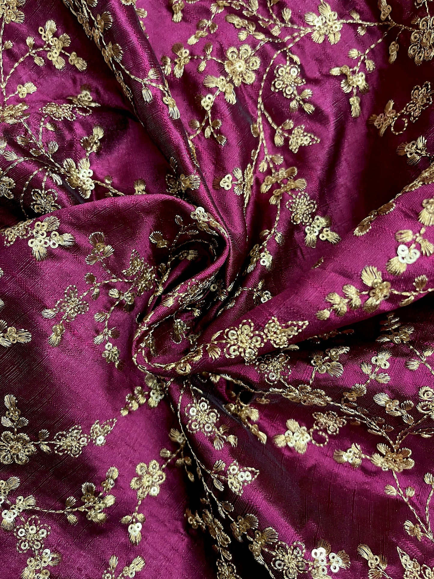 Indian Embroidered Fabric in Wine & Gold color, Multiple lengths will come in the continuous piece - NF471.