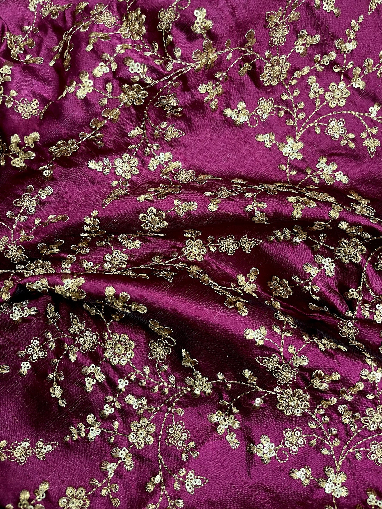 Indian Embroidered Fabric in Wine & Gold color, Multiple lengths will come in the continuous piece - NF471.