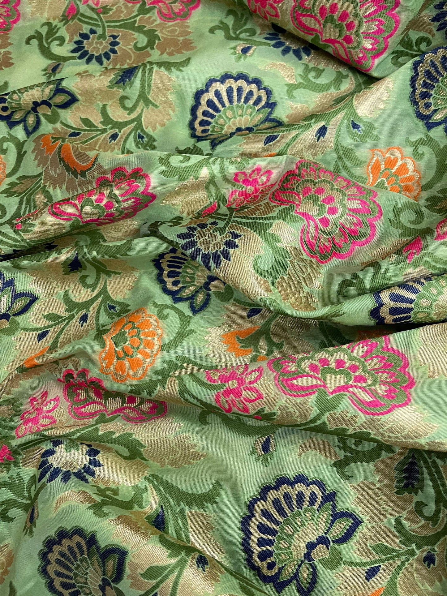 India Banarasi Brocade Fabric in Green and Gold color, Multiple lengths will come in the continuous piece - NF564