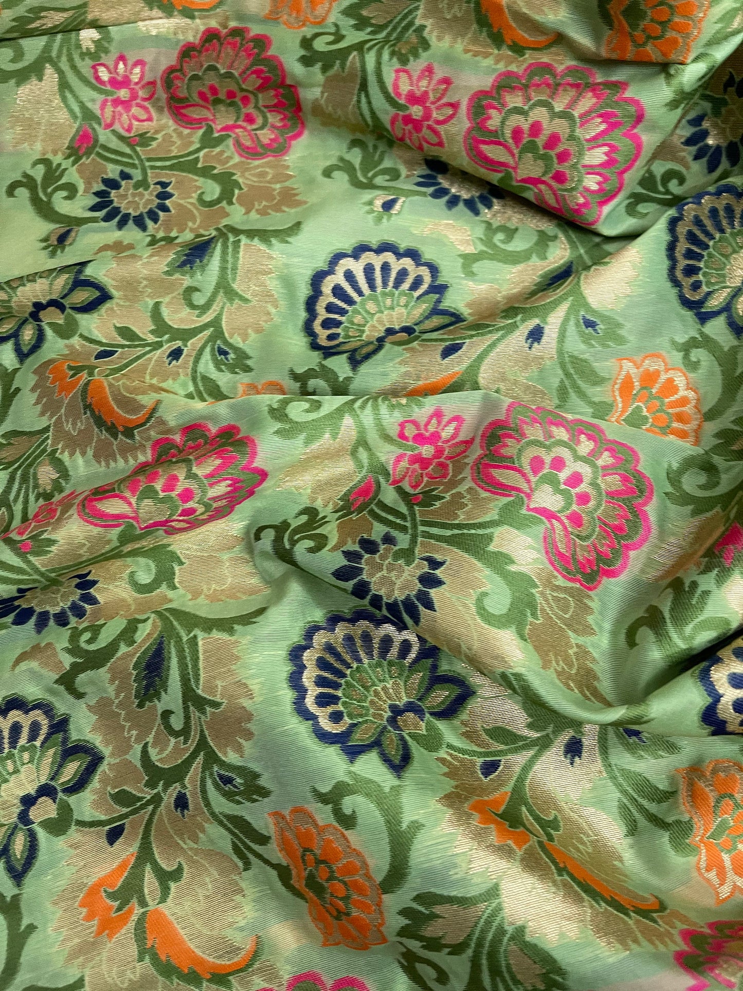 India Banarasi Brocade Fabric in Green and Gold color, Multiple lengths will come in the continuous piece - NF564