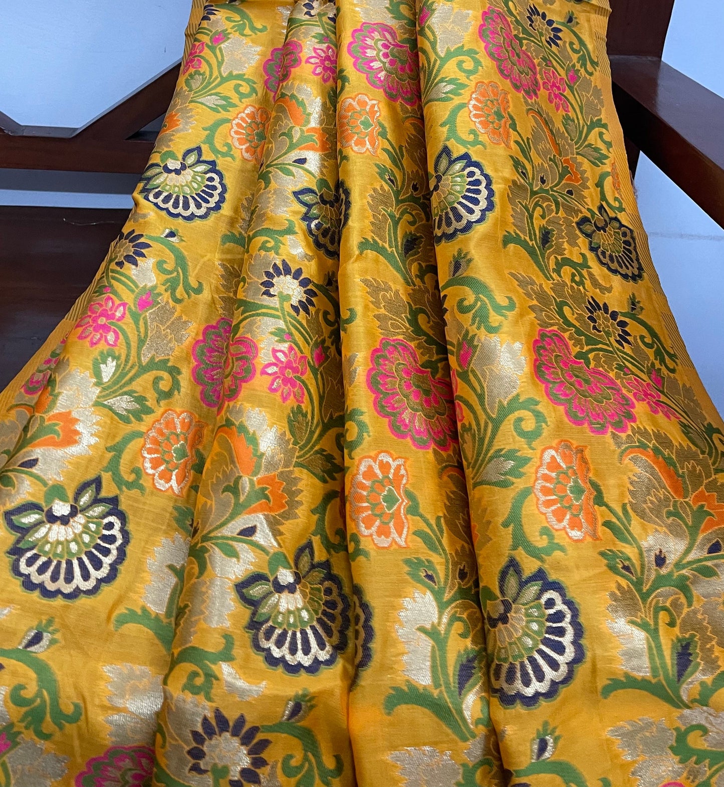 Indian Banarasi Brocade Fabric in Yellow and Green color, Multiple Length will come in a continuous piece - NF562