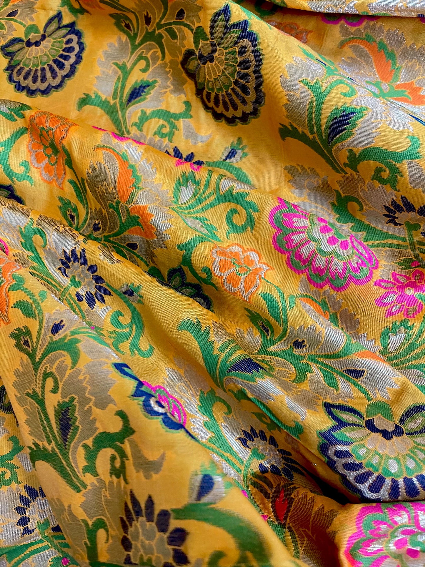 Indian Banarasi Brocade Fabric in Yellow and Green color, Multiple Length will come in a continuous piece - NF562