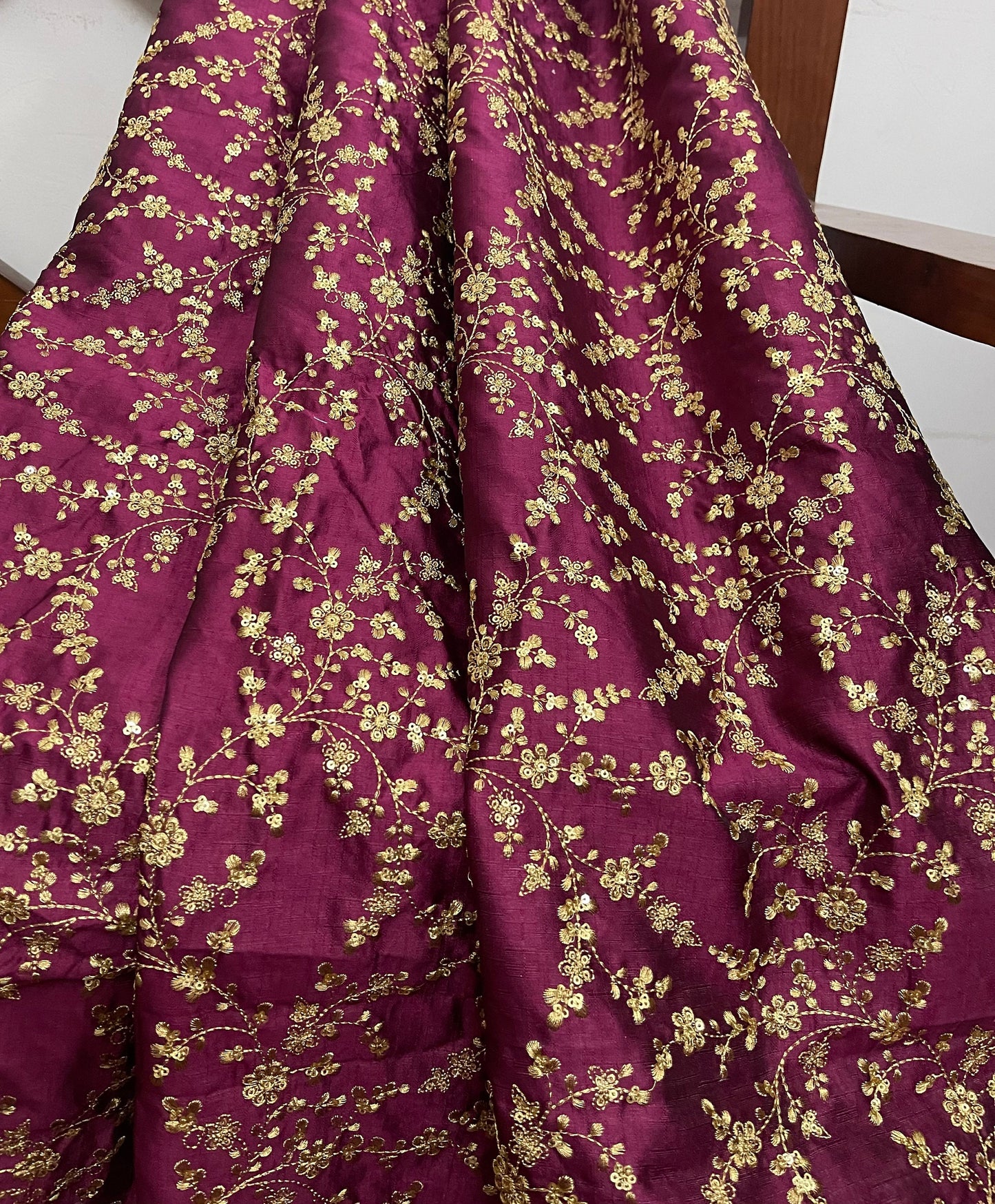 Indian Embroidered Fabric in Wine & Gold color, Multiple lengths will come in the continuous piece - NF471.