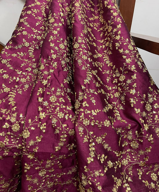 Embroidered fabric, Wine and gold wedding dress fabric, Indian fabric, Bridesmaid dress, Luxury fabric, Thread embroidery, Gold fabric - NFAF471.